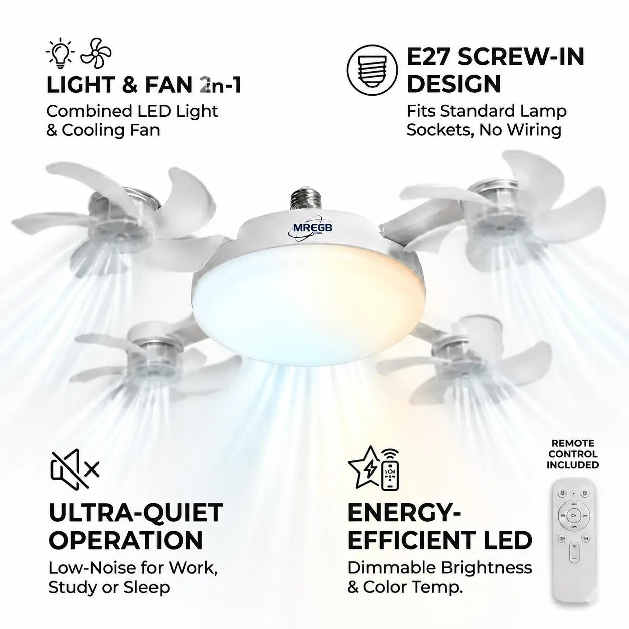 MREGB 2026 New E27 Socket Ceiling Fan Light - 2-In-1 Silent LED Fan with Remote Control, Energy-Saving Cooling & Lighting Combo for Home Bedroom Summervibes