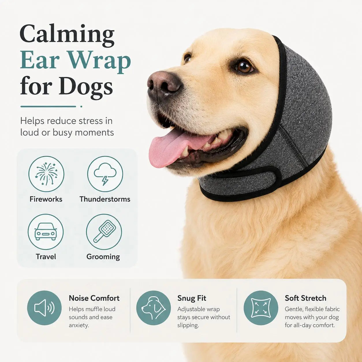 Water-Resistant Dog Ear Wrap Hoodie - Ear Protection for Bathing, Swimming & Grooming, Noise Reduction for Fireworks, Grey