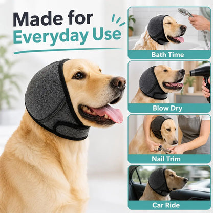 Water-Resistant Dog Ear Wrap Hoodie - Ear Protection for Bathing, Swimming & Grooming, Noise Reduction for Fireworks, Grey